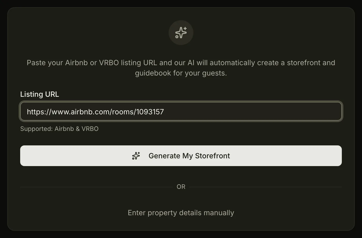 The in-app Add Your Property form, with an Airbnb listing URL pasted into the field