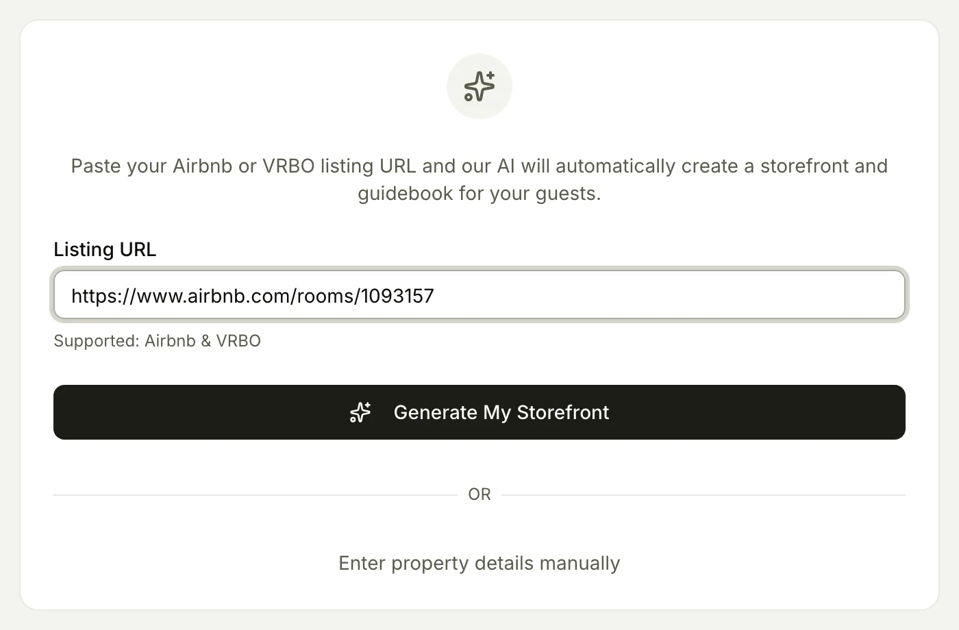 The in-app Add Your Property form, with an Airbnb listing URL pasted into the field